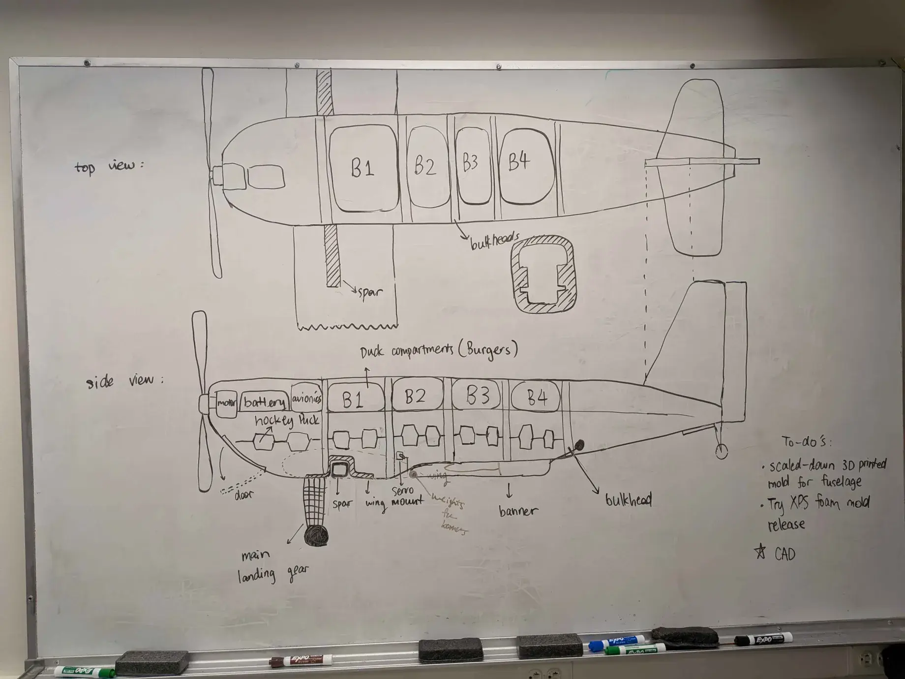 Whiteboard sketch of the aircraft top and side views with labeled compartments