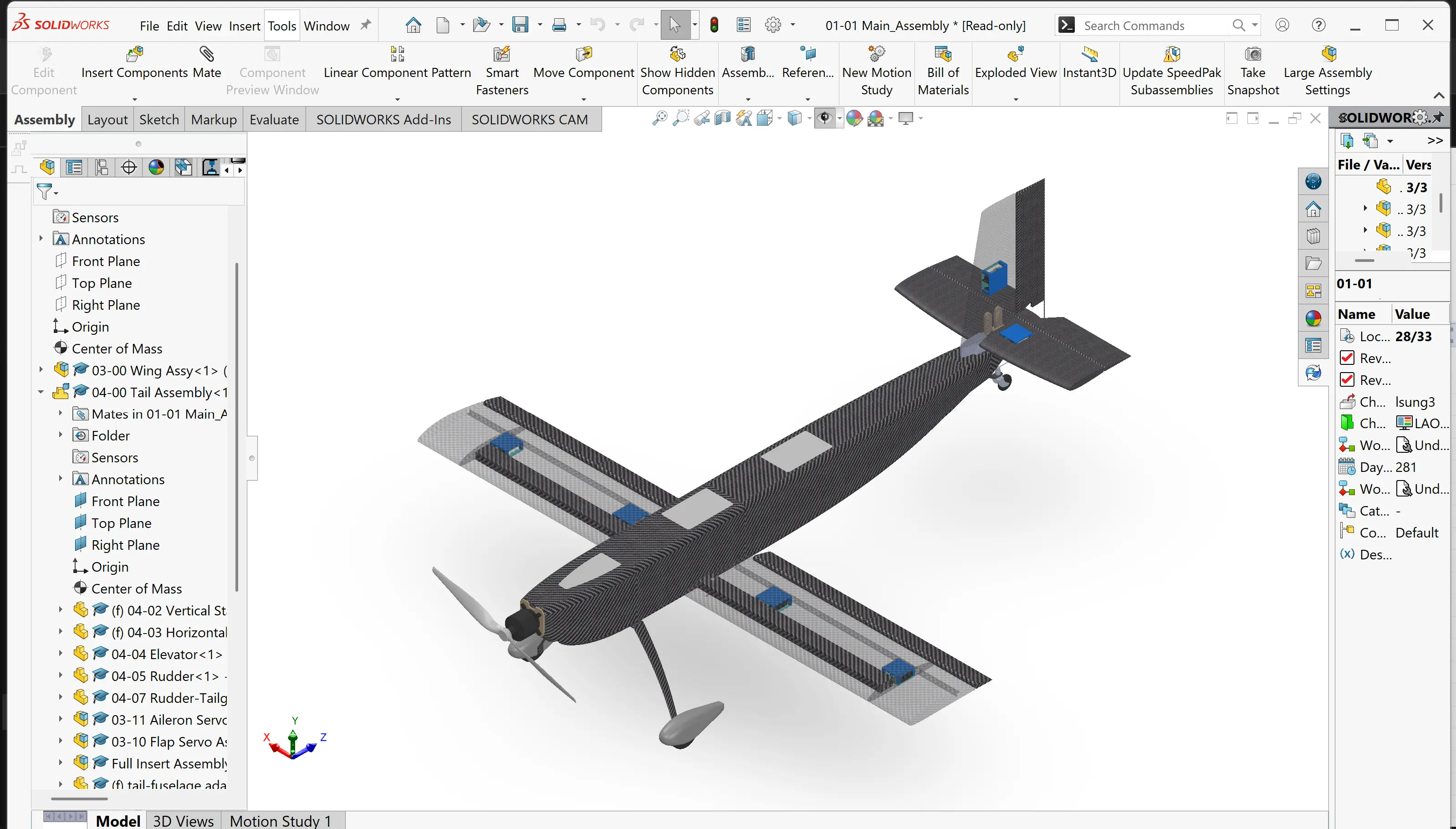 SolidWorks main assembly of the carbon fiber aircraft