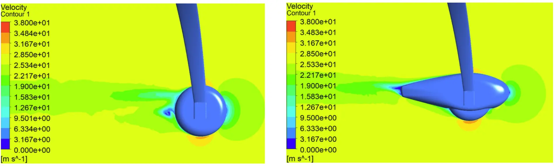 CFD velocity contour comparison of landing gear fairing shapes